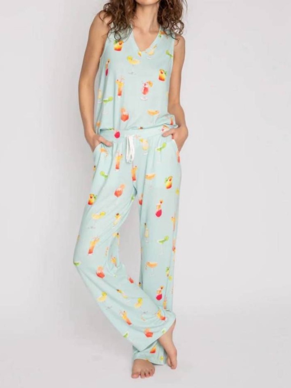 PJ Salvage Let's Sip On It Pajama Set Size XL Sleep Tank Lounge Pants Aqua
